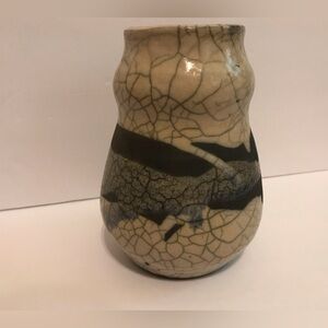 Crackle Glazed Studio Pottery Clay Raku Vase Signed